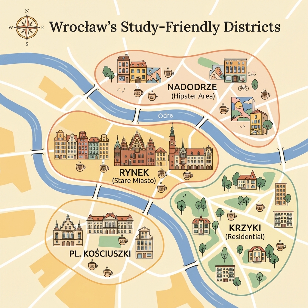 Mapa dzielnic Wrocławia z kawiarniami do nauki